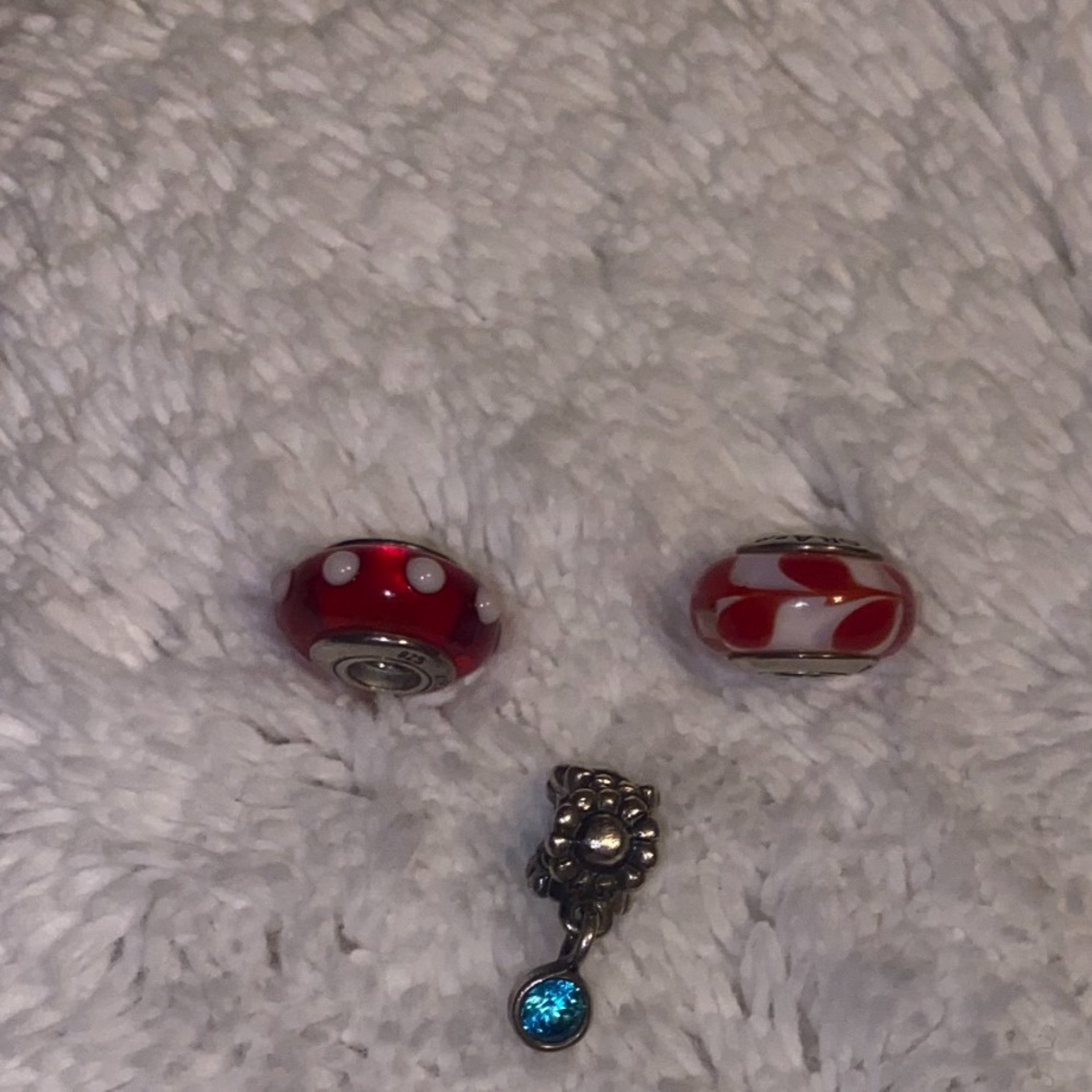 Trio Pandora Red and Silver Charms (2) 925 Sterling with silver Turquoise Accent - Picture 3 of 4